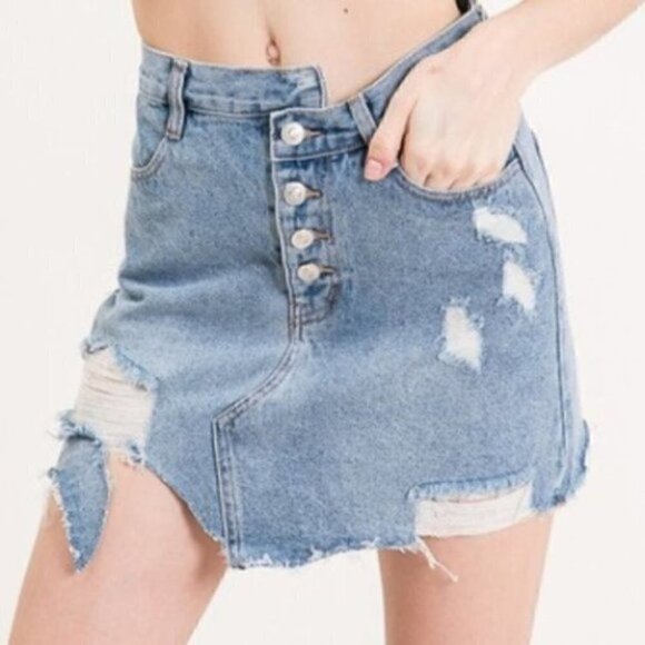 Distressed Denim Button Front Mini Skirt - Picture 3 of 3